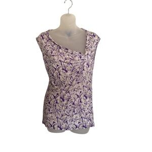 Ann Taylor Factory Top Womens S Leaf Pattern Wrap Sleeveless White Purple EUC
